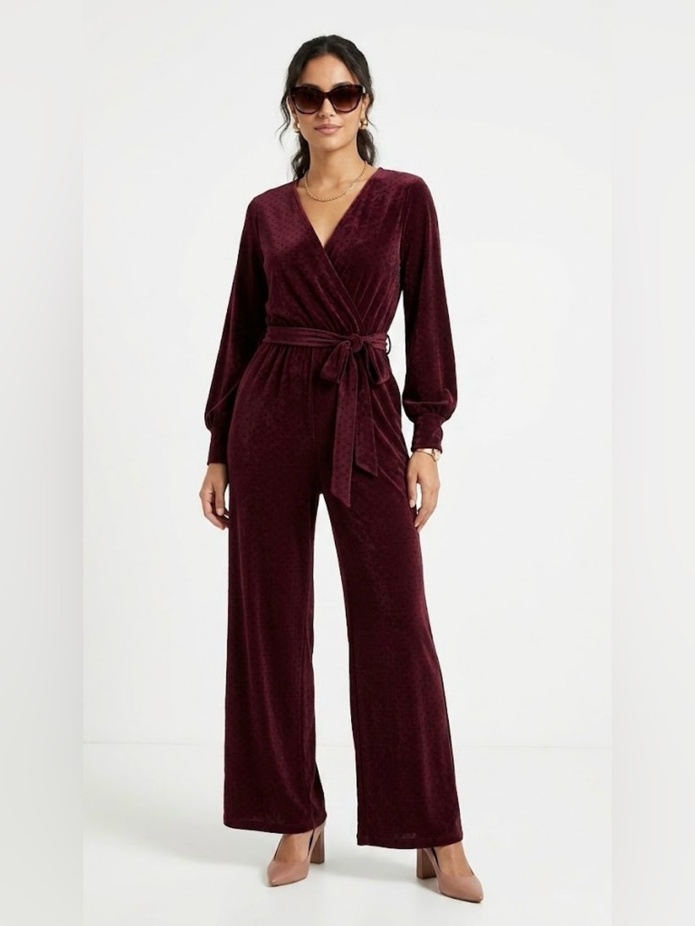 Nikki Burgundy Wrap-Style Long Sleeve Jumpsuit